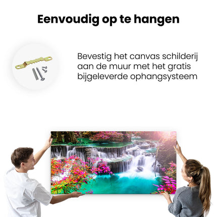 Canvas schilderij ophangen Waterval In De Herfst Met Kleurrijke Bloemen