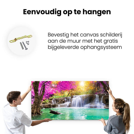 Canvas schilderij ophangen Waterval Met Groen Water En Roze Bladeren