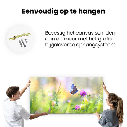 Canvas schilderij ophangen Blauwe Vlinder Bij Een Paarse Bloem