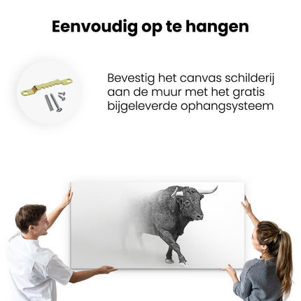 Canvas schilderij ophangen Stier Op Een Grijze Achtergrond - Zwart Wit