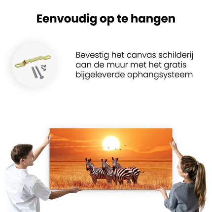 Canvas schilderij ophangen Drie Zebra's Bij Zonsondergang