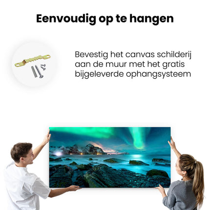 Canvas schilderij ophangen Noorderlicht boven het Water bij Rotsen