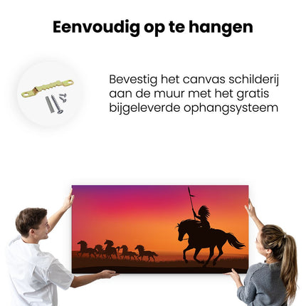 Canvas schilderij ophangen Silhouet van een Indiaan op een Paard