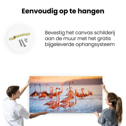 Canvas schilderij ophangen Kudde Flamingo's in het Water