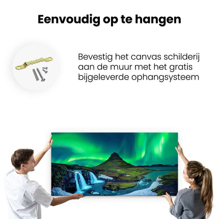 Canvas schilderij ophangen Noorderlicht bij de Watervallen in IJsland