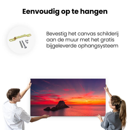 Canvas schilderij ophangen Ibiza Rotsen Eiland bij Zonsondergang