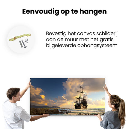 Canvas schilderij ophangen Piratenschip aan de Kust bij Zonsondergang