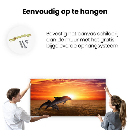 Canvas schilderij ophangen Twee Dolfijnen bij de Zonsondergang