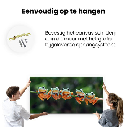 Canvas schilderij ophangen Groep Kikkers op een Tak