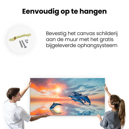 Canvas schilderij ophangen Groep Dolfijnen Springen uit het Water