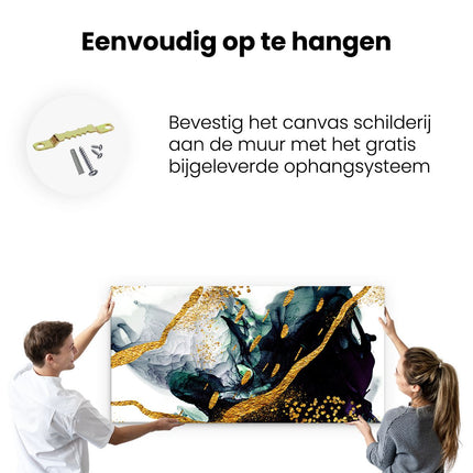 Canvas schilderij ophangen Abstracte Kunst - Zwart Wit met Gouden Strepen