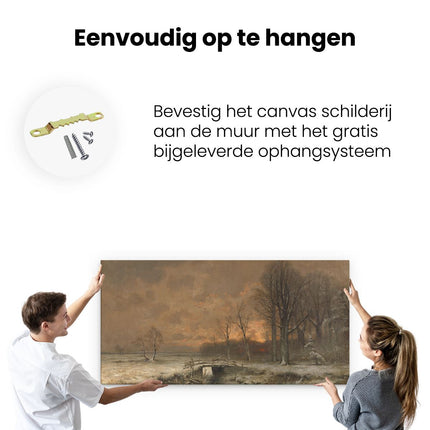 Canvas schilderij ophangen Wintergezicht met Ondergaande Zon tussen Geboomte - Louis Apol
