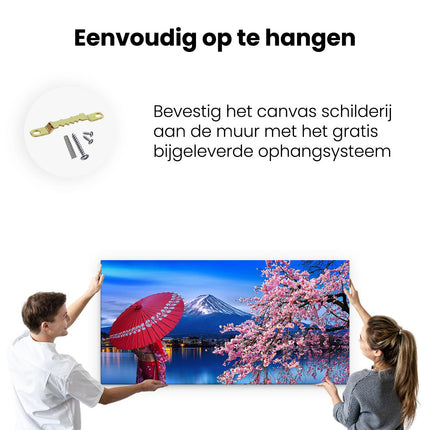 Canvas schilderij ophangen Japanse Vrouw bij de Fuji Berg