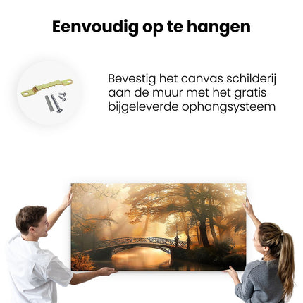Canvas schilderij ophangen Brug over een Rivier in een Bos
