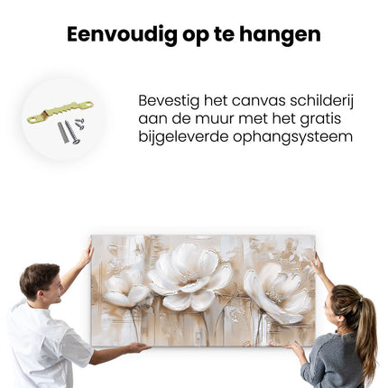 Canvas schilderij ophangen Drie Witte Bloemen op een Beige Achtergrond