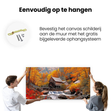 Canvas schilderij ophangen Herfsttafereel met een Molen en een Waterval