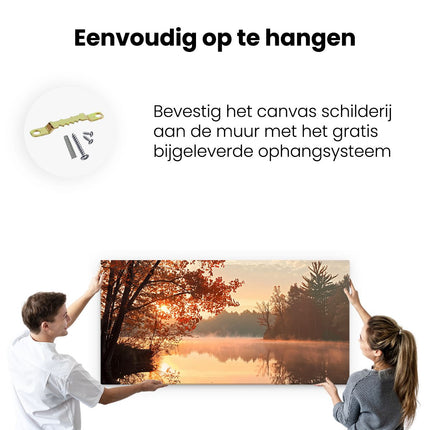 Canvas schilderij ophangen Mistig Meer bij Zonsopgang