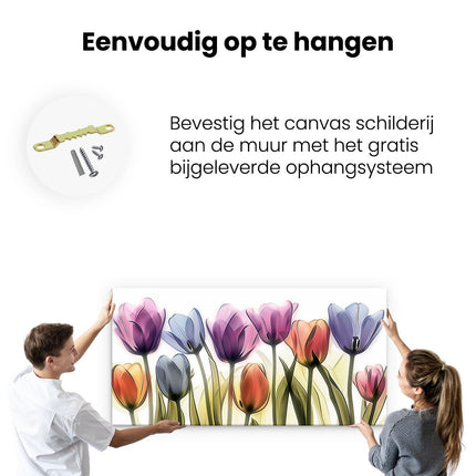 Canvas schilderij ophangen Kleurrijke Tulpen op een Witte Achtergrond