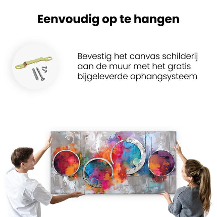 Canvas schilderij ophangen Kunstwerk met Kleurrijke Cirkels op een Grijze Achtergrond