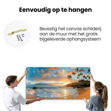 Canvas schilderij ophangen Strand met Palmbomen en een Zonsondergang