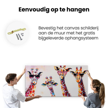 Canvas schilderij ophangen Drie Giraffen met een Zonnebril