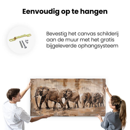 Canvas schilderij ophangen Groep Olifanten die in een Veld Lopen