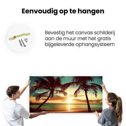 Canvas schilderij ophangen Twee Palmbomen op een Strand bij Zonsondergang