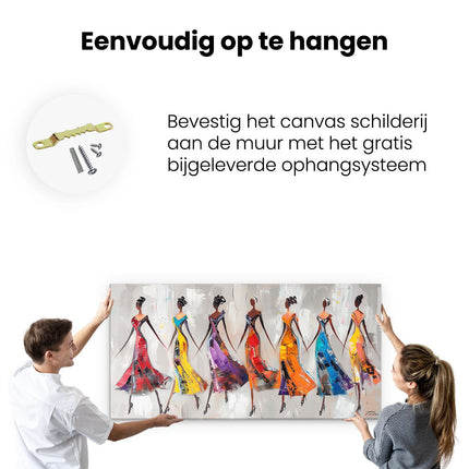Canvas schilderij ophangen Kunstwerk van een Groep Vrouwen in Kleurrijke Jurken