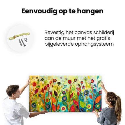 Canvas schilderij ophangen Kleurrijke Bloemen in een Veld