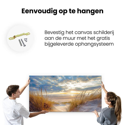 Canvas schilderij ophangen Zandduinen en een Strand bij Zonsondergang