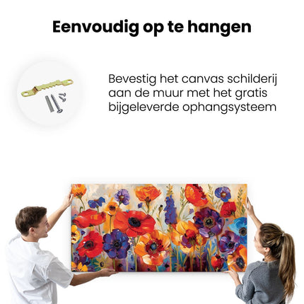 Canvas schilderij ophangen Kleurrijke Bloemen in een Veld