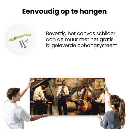 Canvas schilderij ophangen Kunstwerk van een Groep Muzikanten die Muziek Spelen