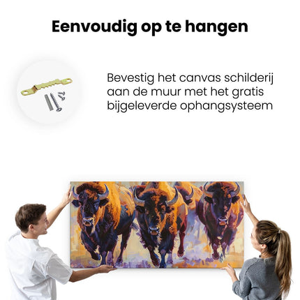 Canvas schilderij ophangen Kunstwerk van een Groep Rennende Bizons