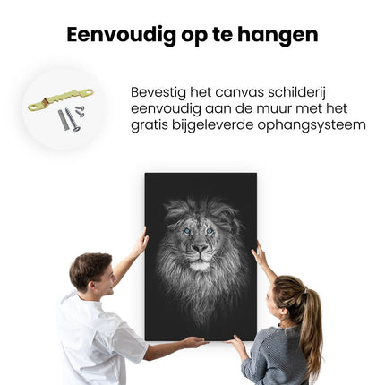 Canvas schilderij ophangen Leeuw Met Blauwe Ogen - Zwart Wit