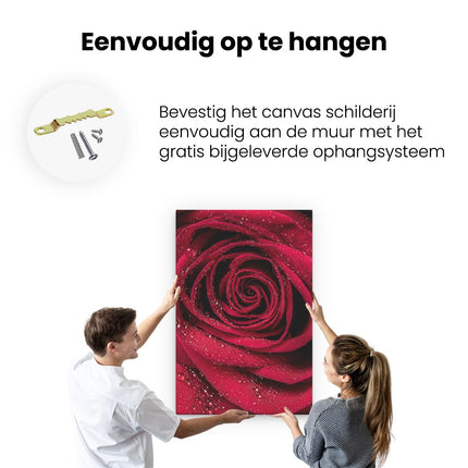 Canvas schilderij ophangen Rode Roos Met Waterdruppels - Bloem