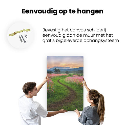 Canvas schilderij ophangen Kosmos Bloemenveld Met Een Pad - Bloemen