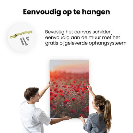 Canvas schilderij ophangen Rode Klaprozen Bloemenveld Zonsondergang