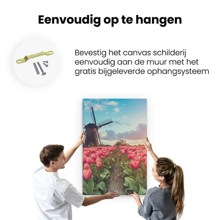Canvas schilderij ophangen Roze Tulpen Bloemenveld - Met Windmolen