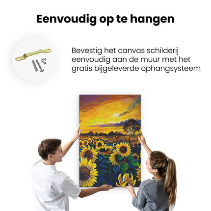 Canvas schilderij ophangen Getekende Zonnebloemen Veld Met Olieverf