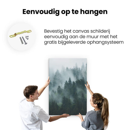 Canvas schilderij ophangen Bos Met Bomen In De Mist