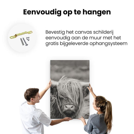 Canvas schilderij ophangen Schotse Hooglander Koe - Zwart Wit