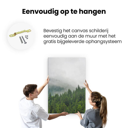 Canvas schilderij ophangen Groen Bos Met Bomen Tijdens De Mist