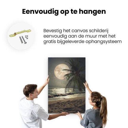 Canvas schilderij ophangen Tropisch Strand In De Nacht Met Volle Maan