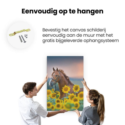 Canvas schilderij ophangen Bruin Paard Tussen De Zonnebloemen