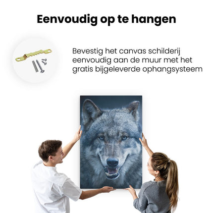 Canvas schilderij ophangen Wolvenkop Met Blauwe Ogen - Wolf