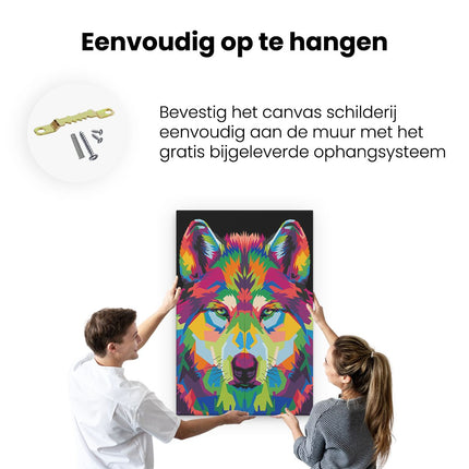 Canvas schilderij ophangen Gekleurde Wolvenkop - Wolf - Abstract