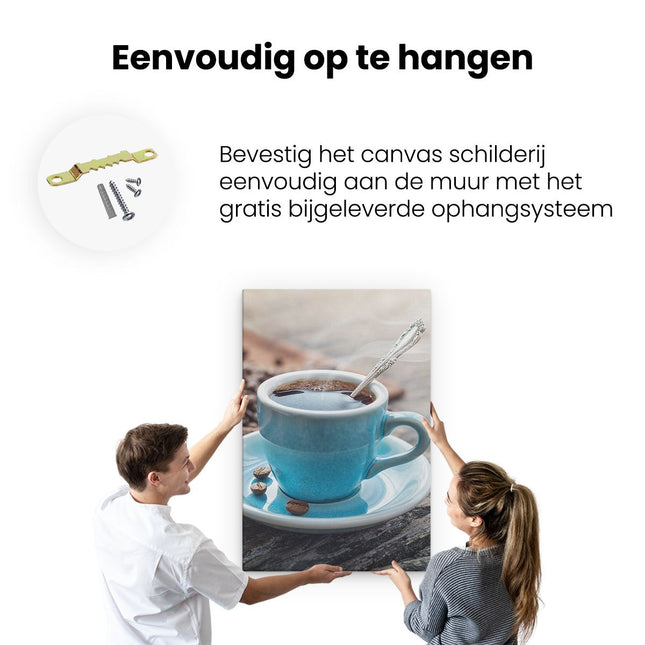 Canvas schilderij ophangen Blauw Kopje Koffie Met Koffiebonen