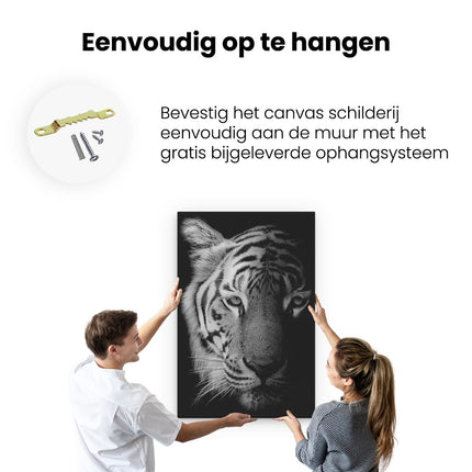 Canvas schilderij ophangen Tijgerkop - Tijger - Zwart Wit