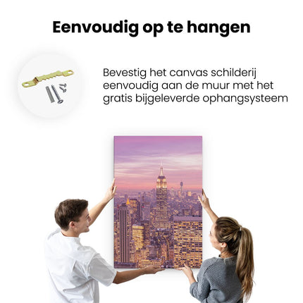 Canvas schilderij ophangen New York Skyline Met Lichten Bij Zonsondergang