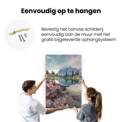 Canvas schilderij ophangen Meer Met Rotsen In De Alpen Bergen